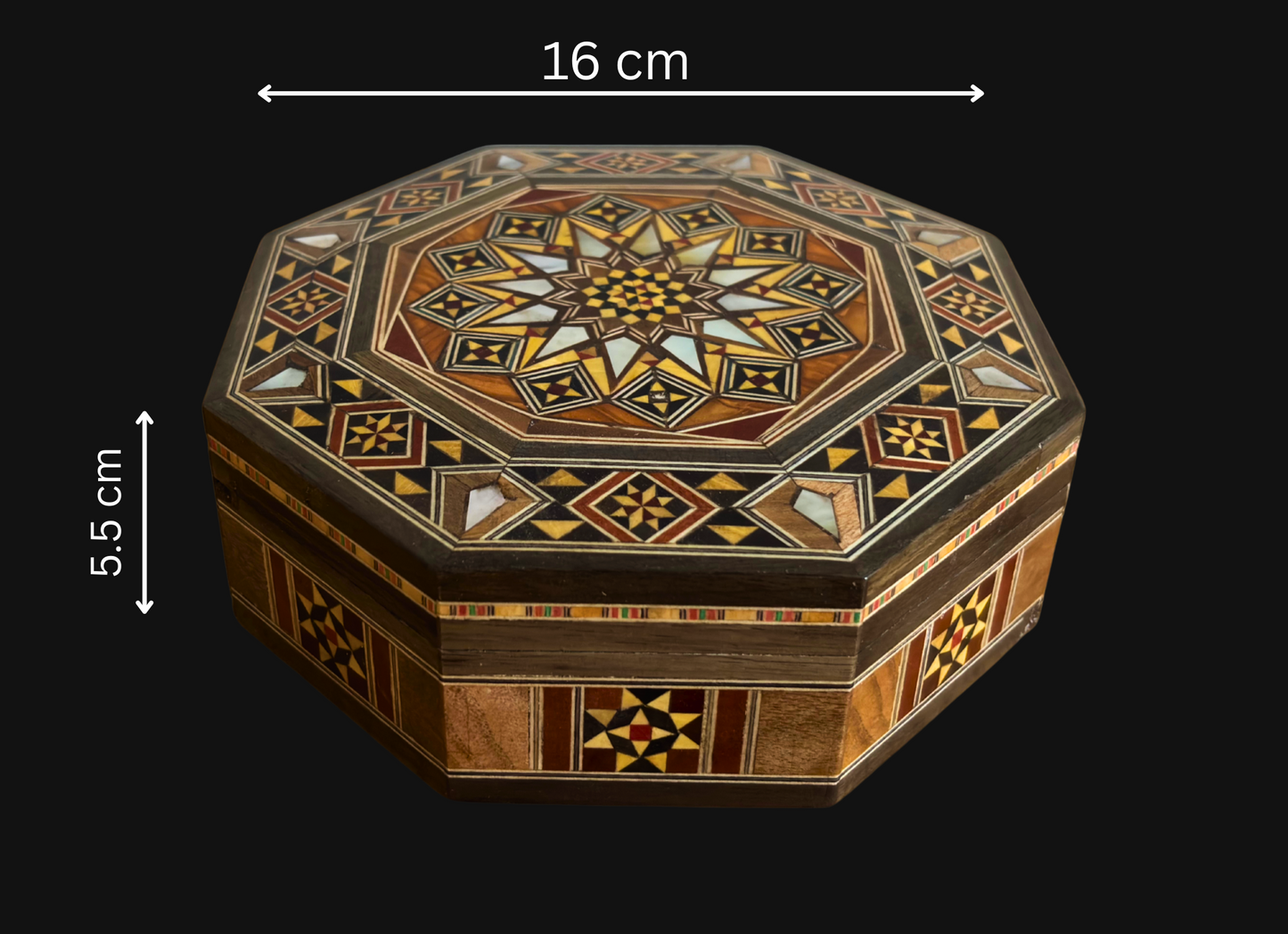 Elegante achteckige damaszener Mosaikbox – handgefertigtes Holz mit Perlmutt-Einlegearbeit