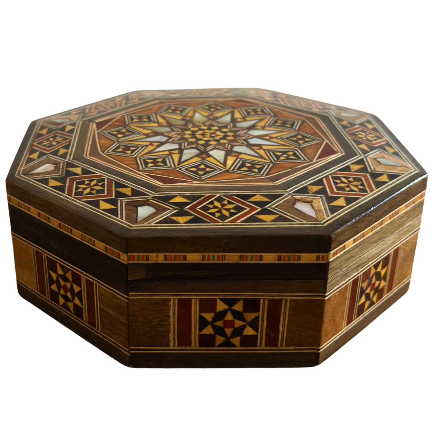 Elegante achteckige damaszener Mosaikbox – handgefertigtes Holz mit Perlmutt-Einlegearbeit