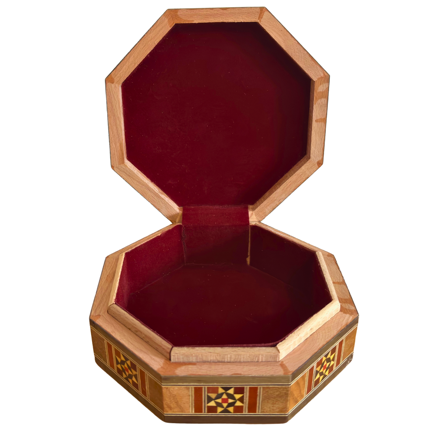 Elegante achteckige damaszener Mosaikbox – handgefertigtes Holz mit Perlmutt-Einlegearbeit