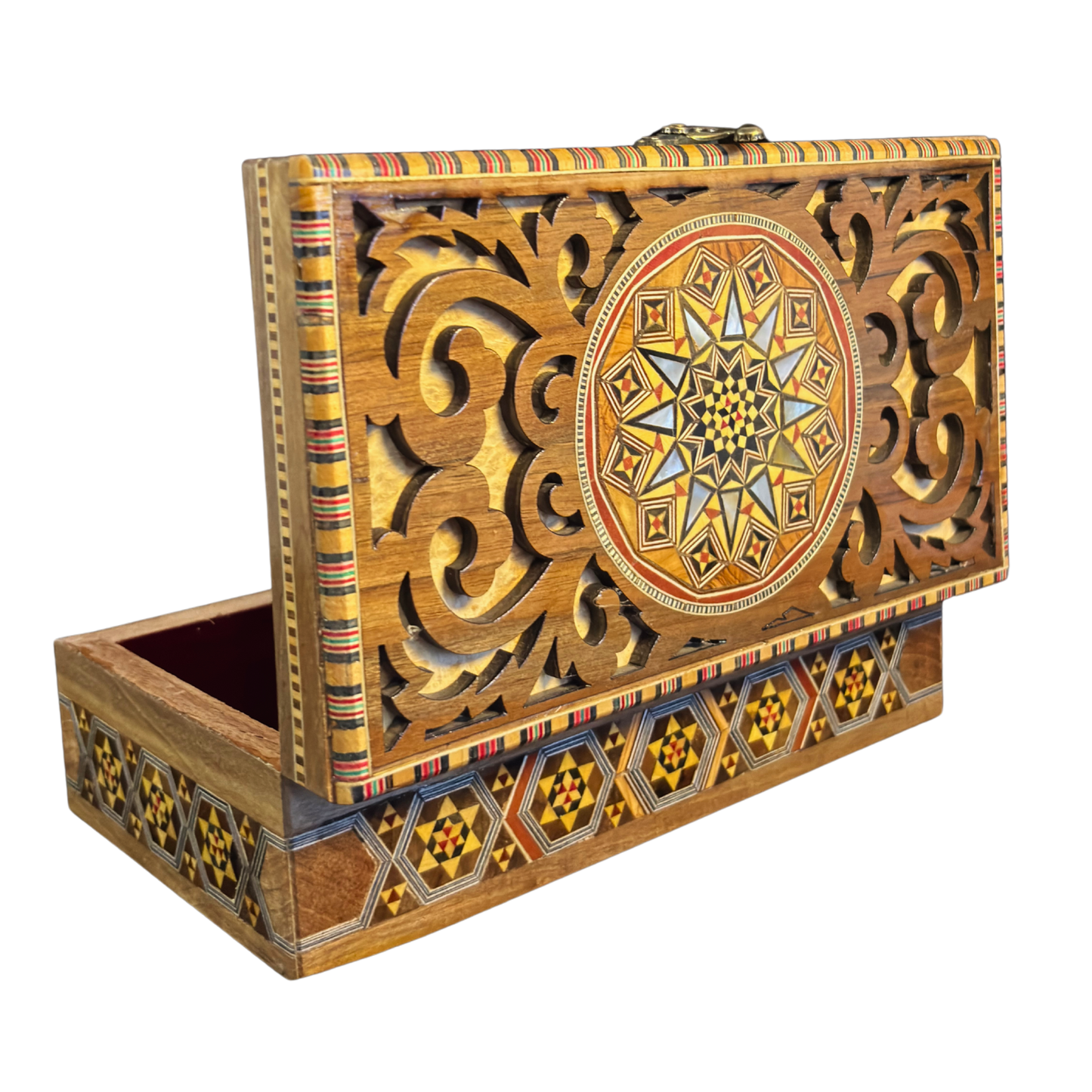 Handcrafted Damascene Mosaic Box – Mother of Pearl & Carved Elegance