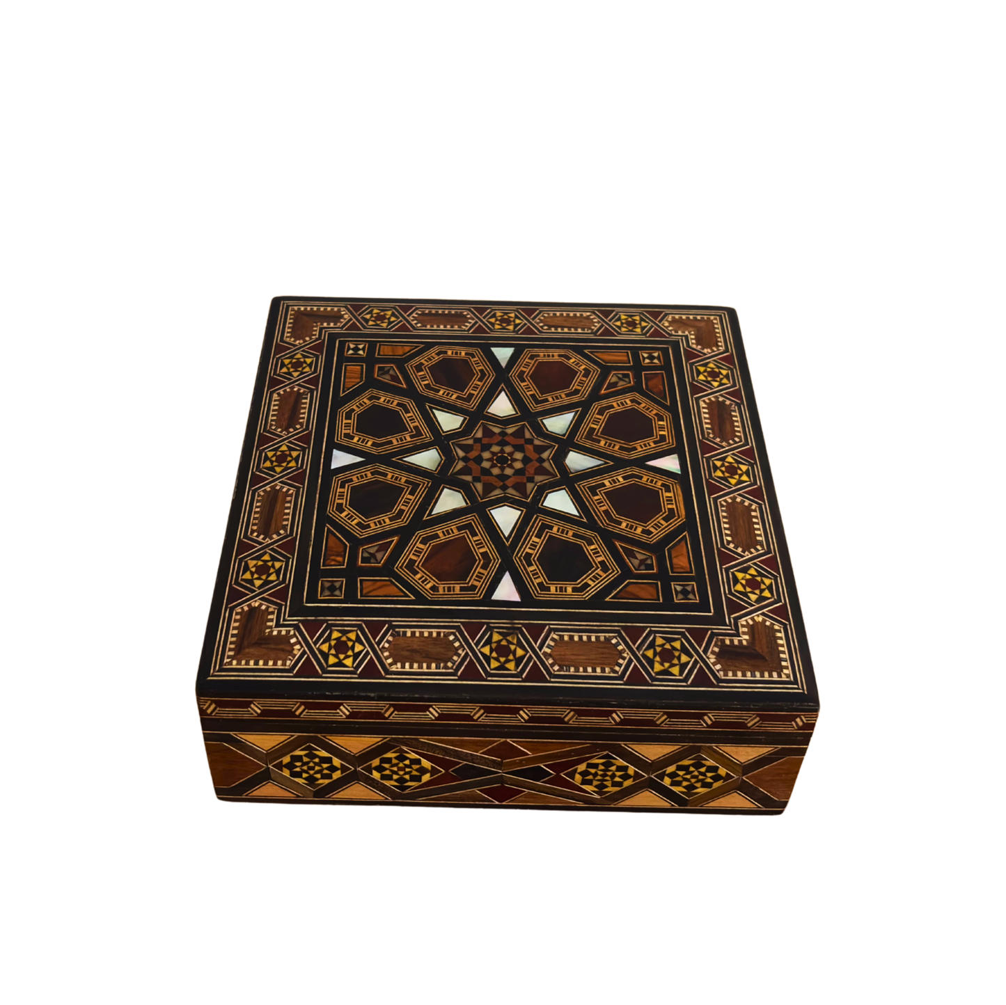 Handgefertigte Damaszener Mosaikbox von Meister Gaby Al Dayeh – Perlmutt & Samt Eleganz