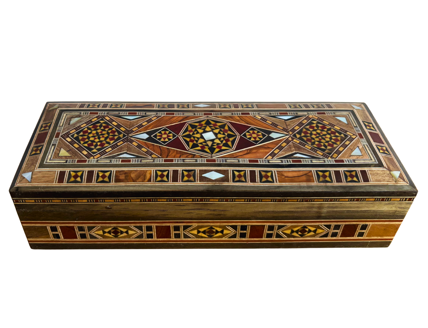 Damaszener Mosaikstift & Schmuckschatulle, lange rechteckige handgefertigte Truhe, Perlmutt-Inlay, syrische orientalische Kunsthandwerkskunst 