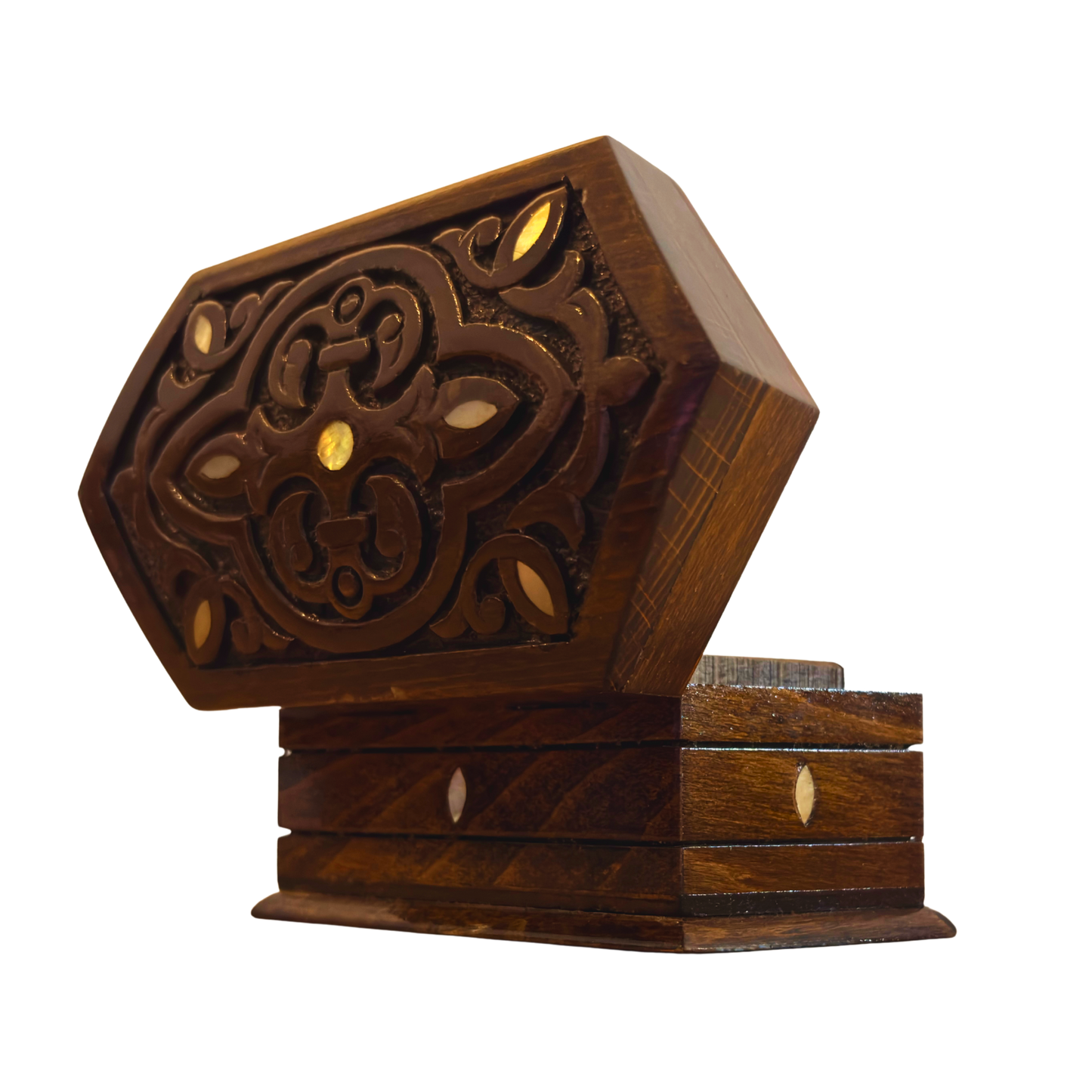Ręcznie Rzeźbione Pudełko z Buku – Masa Perłowa i Aksamit, Ponadczasowy Wschodni Styl