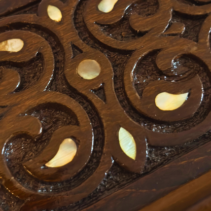 Hand-Carved Beechwood Box with Mother of Pearl Inlay – Walnut Finish Elegance
