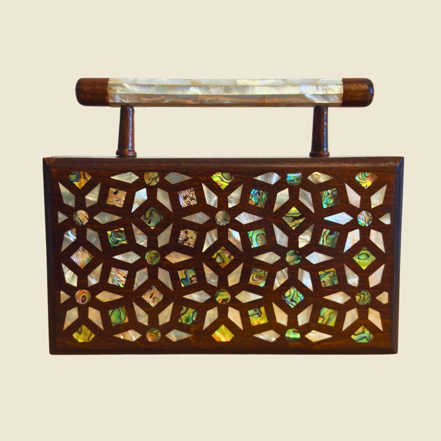 Zenobia – İnci Kakmalı & Brokar Astarı ile Lüks Dimaşk Mozaik Ahşap Clutch Çanta