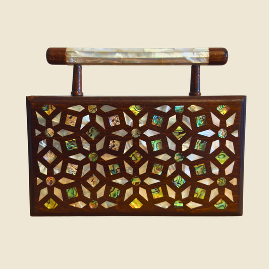 Zenobia – İnci Kakmalı & Brokar Astarı ile Lüks Dimaşk Mozaik Ahşap Clutch Çanta