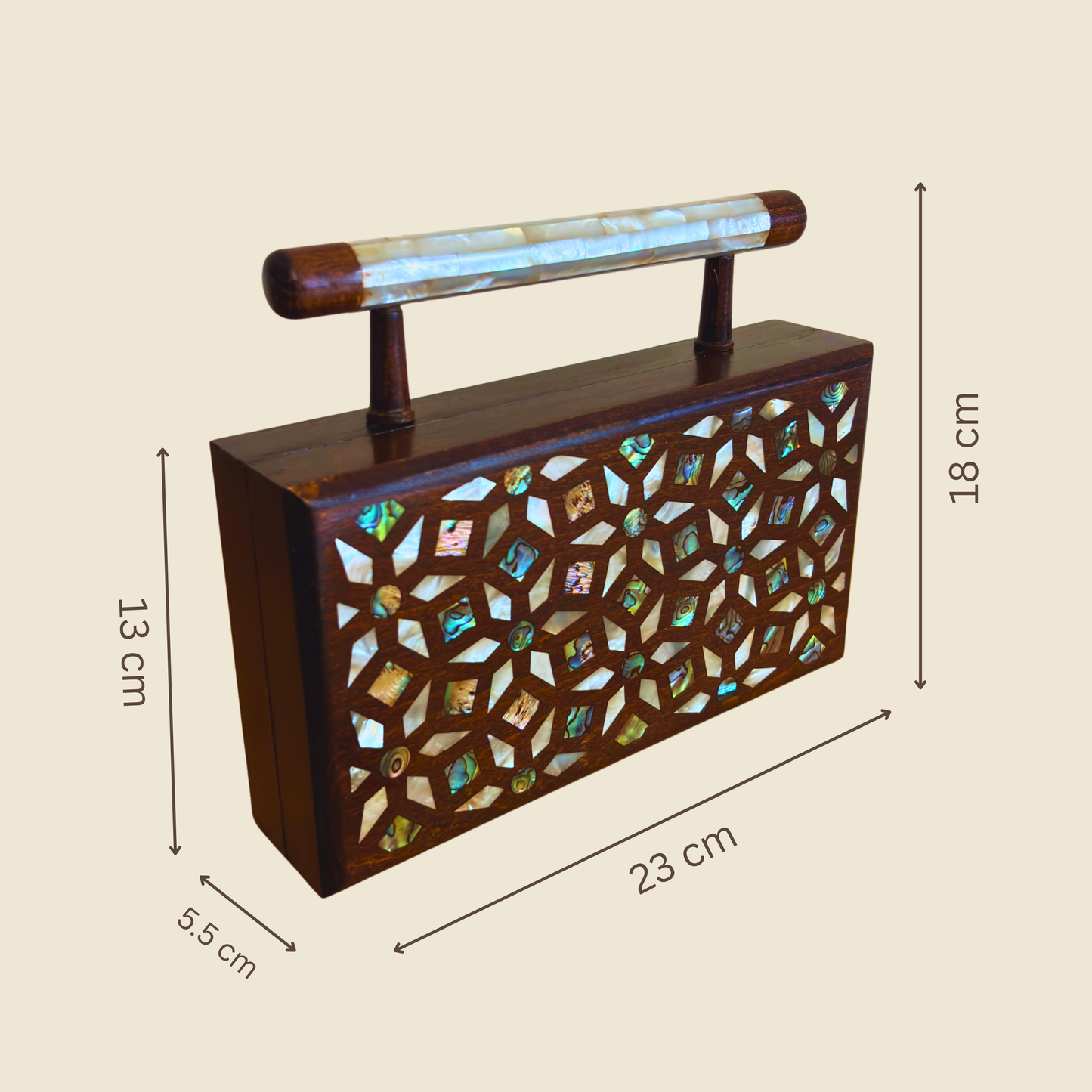 Zenobia – İnci Kakmalı & Brokar Astarı ile Lüks Dimaşk Mozaik Ahşap Clutch Çanta