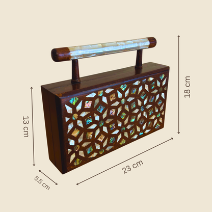 Zenobia – İnci Kakmalı & Brokar Astarı ile Lüks Dimaşk Mozaik Ahşap Clutch Çanta