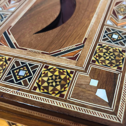 Elegante Damast-Mosaik Holz-Tissuebox – Perlmutt Intarsie & Samt Innenfutter