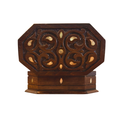 Hand-Carved Beechwood Box with Mother of Pearl Inlay – Walnut Finish Elegance