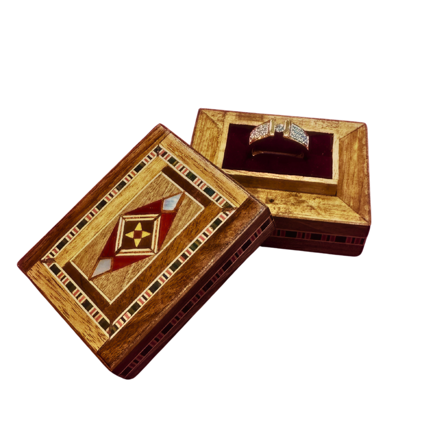 صندوق خاتم موزاييك دمشقي – حرفة يدوية وأناقة مخملية