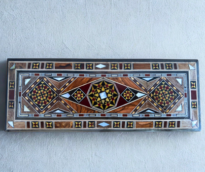 Damaszener Mosaikstift & Schmuckschatulle, lange rechteckige handgefertigte Truhe, Perlmutt-Inlay, syrische orientalische Kunsthandwerkskunst 