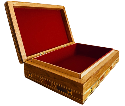 Elegante rechteckige Damaszener-Schmuckschatulle – handgefertigt aus Buchen-, Eukalyptus- und Zitronenholz