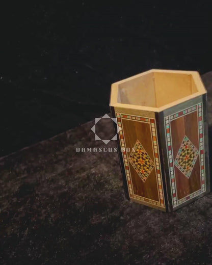 Damascene Mosaic Wooden Pen Holder by Gaby Al Dayeh – Natural Woods & Handcrafted Elegance